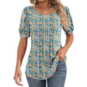 Women's Puff Short Sleeve Tunic Tops Pleated Crew Neck Blouses Casual Loose